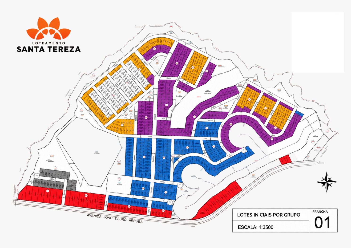 Mapa do Loteamento Santa Teresa com quadras, ruas e lotes coloridos